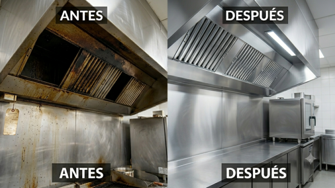 Limpieza de campanas extractoras industriales en Madrid, eliminando la grasa de los filtros y conductos de una cocina de hostelería.