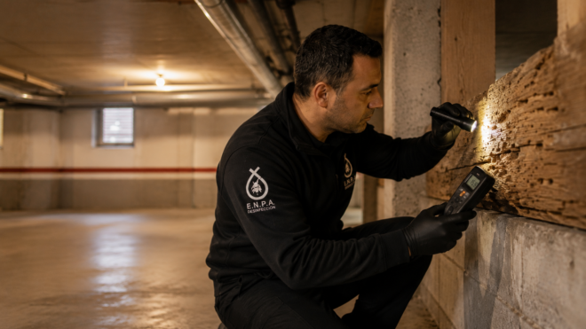 Técnico de ENPA Desinfección inspeccionando una viga de madera para detectar termitas y carcoma en un edificio de Madrid.