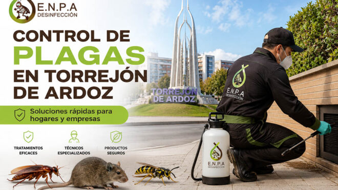 Técnico realizando un servicio de control de plagas en Torrejón de Ardoz para eliminar cucarachas, ratas e insectos.