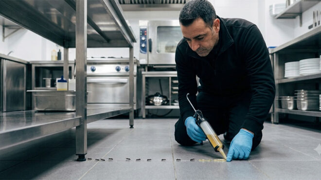 Tecnico de ENPA Desinfeccion aplicando gel insecticida profesional en una cocina industrial de Madrid para eliminar una plaga de hormigas.