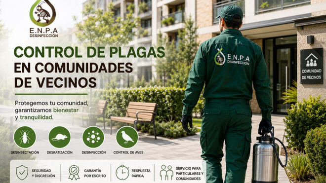 Técnico de ENPA realizando un servicio de control de plagas en una comunidad de vecinos en Madrid para prevenir infestaciones de insectos y roedores.