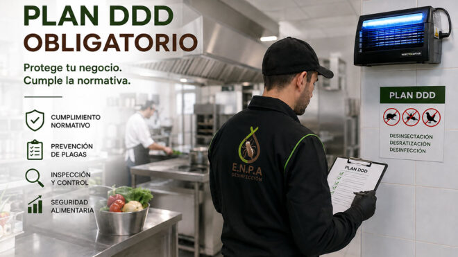 Técnico de ENPA Desinfección realizando la revisión e inspección de un Plan DDD obligatorio en la cocina industrial de un restaurante en Madrid.